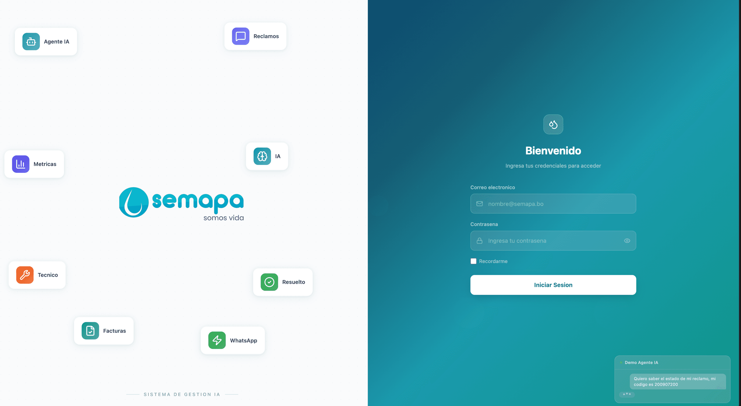 Semapa — Sistema de gestión con IA · +120.000 clientes · Reclamos por WhatsApp